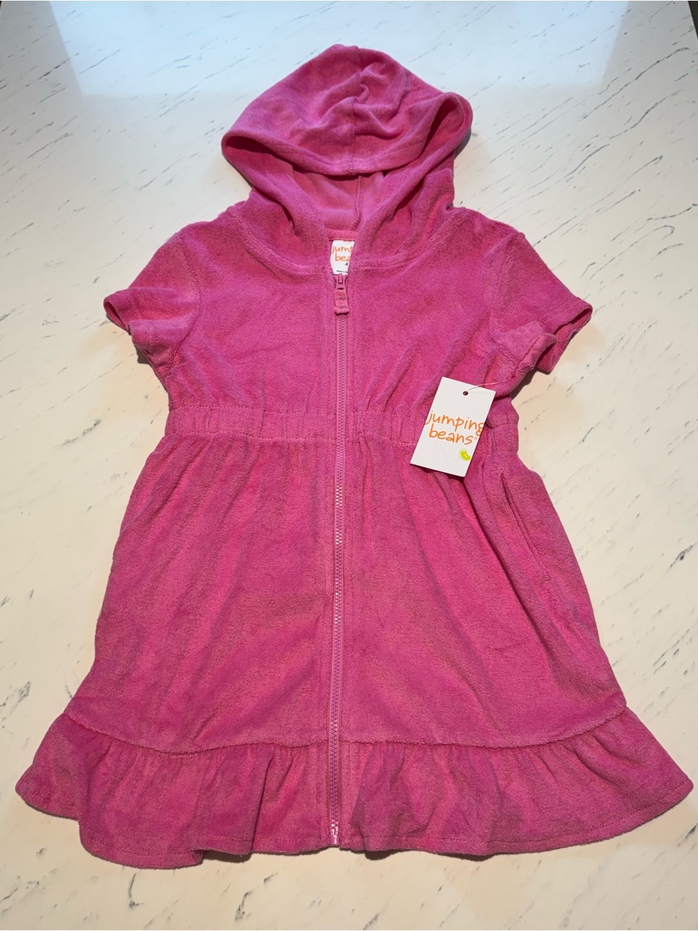 jumping beans Hot Pink Hooded Terry Zip Dress with Ruffle Hem NWT
